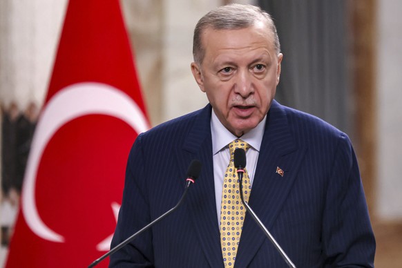 FILE - Turkish President Recep Tayyip Erdogan speaks during a joint statement to the media in Baghdad, Iraq, Monday, April 22, 2024. Turkey?s president took a swipe at the Eurovision Song Contest on M ...
