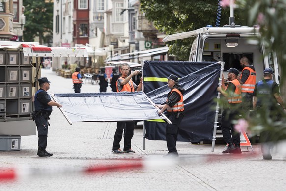 The police shut down the old town of Schaffhausen in Switzerland, while the police searches for an unknown man, on Monday, July 24, 2017. According to the police at least five people were injured two  ...