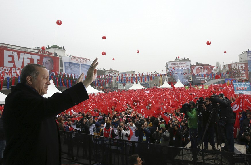 Turkey&#039;s President Recep Tayyip Erdogan addresses his supporters in Istanbul, Saturday, March 11, 2017. The Dutch government on Saturday withdrew landing permission for the Turkish Foreign Minist ...