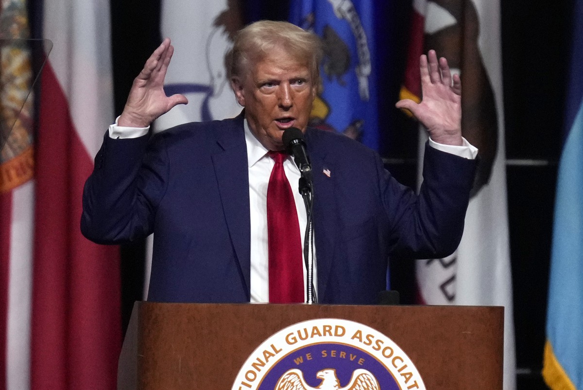 Republican presidential nominee former President Donald Trump speaks at the National Guard Association of the United States' 146th General Conference, Monday, Aug. 26, 2024, in Detroit. (AP Photo ...