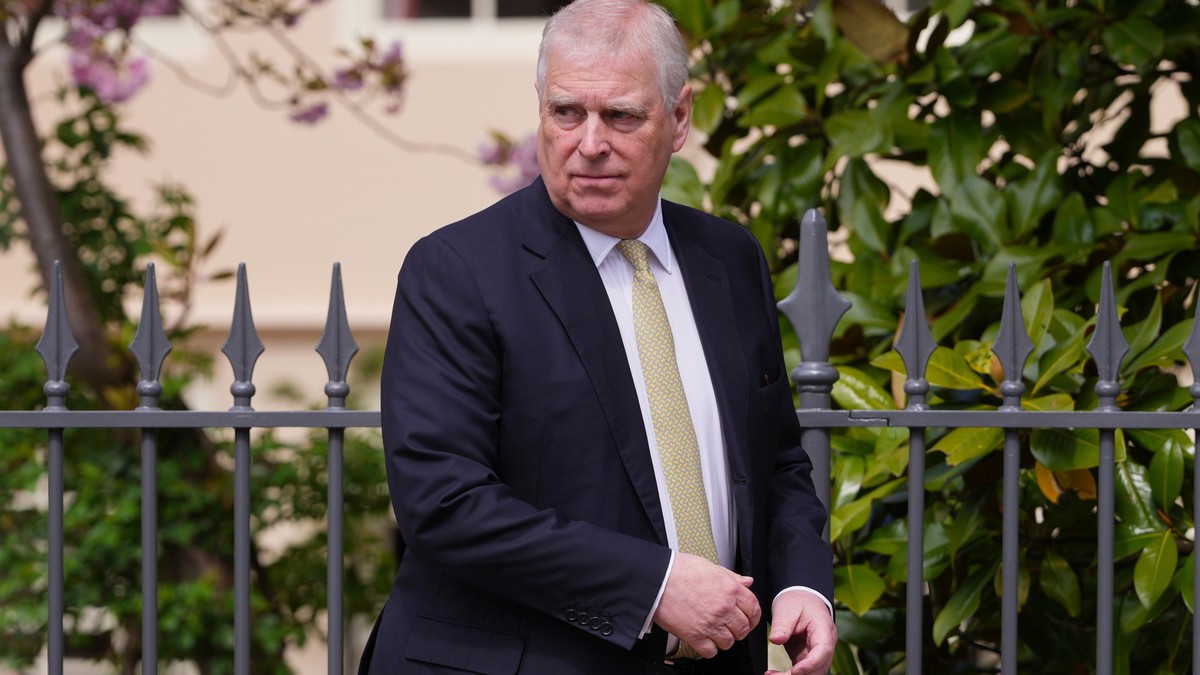FILE - Britain's Andrew Mountbatten-Windsor, formerly known as Prince Andrew, looks round as he leaves after attending the Easter Matins Service at St. George's Chapel, Windsor Castle, Engla ...
