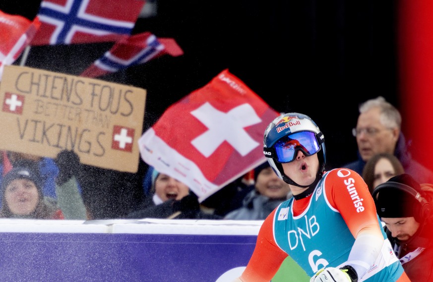 epa11948750 Franjo Von Allmen of Switzerland reacts in the finish area during the Men&#039;s Downhilll at the FIS Alpine Skiing World Cup in Kvitfjell, Norway, 08 March 2025. EPA/Geir Olsen NORWAY OUT