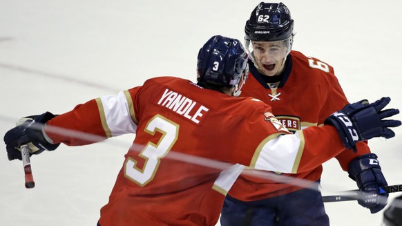 Florida Panthers defenseman Keith Yandle (3) congratulates center Denis Malgin (62) after Malgin scored a goal during the third period of an NHL hockey game against Boston Bruins, Tuesday, Nov. 1, 201 ...