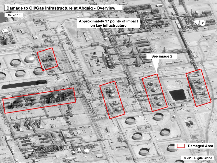 This image provided on Sunday, Sept. 15, 2019, by the U.S. government and DigitalGlobe and annotated by the source, shows damage to the infrastructure at Saudi Aramco&#039;s Abaqaiq oil processing fac ...