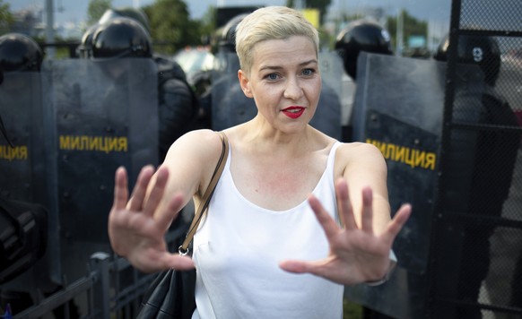 FILE - Maria Kolesnikova, one of Belarus&#039; opposition leaders, gestures during a rally in Minsk, Belarus, on Aug. 30, 2020. Kolesnikova, a prominent member of the Belarusian opposition serving an  ...