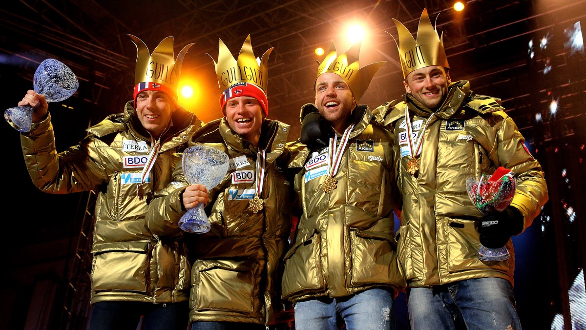 OSLO, NORWAY - MARCH 04: (L to R) Eldar Roenning, Martin Johnsrud Sundby, Tord Asle Gjerdalen and Petter Northug of Norway pose with the gold medals won in the Men's Cross Country 4x10km Relay ra ...