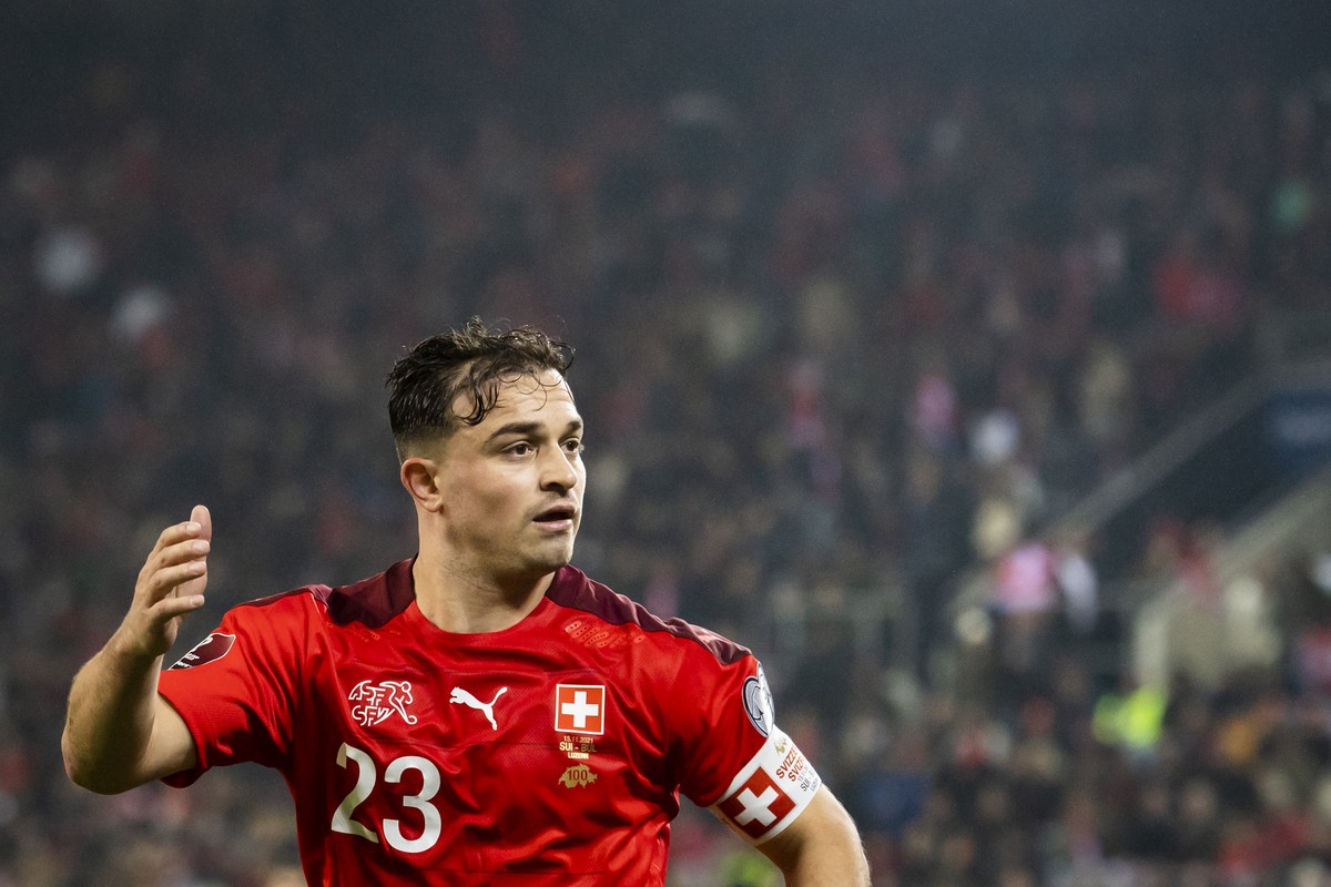 Switzerland's midfielder Xherdan Shaqiri reacts during the 2022 FIFA World Cup European Qualifying Group C match between Switzerland and Bulgaria at the Swissporarena stadium in Lucerne, Switzerl ...