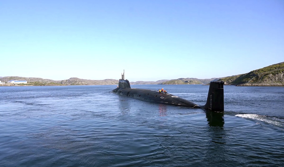 epa12370957 A still image taken from a handout video provided by the Russian Defence Ministry press service on 12 September 2025 shows a submarine of Russian Navy's Northern Fleet taking part in  ...