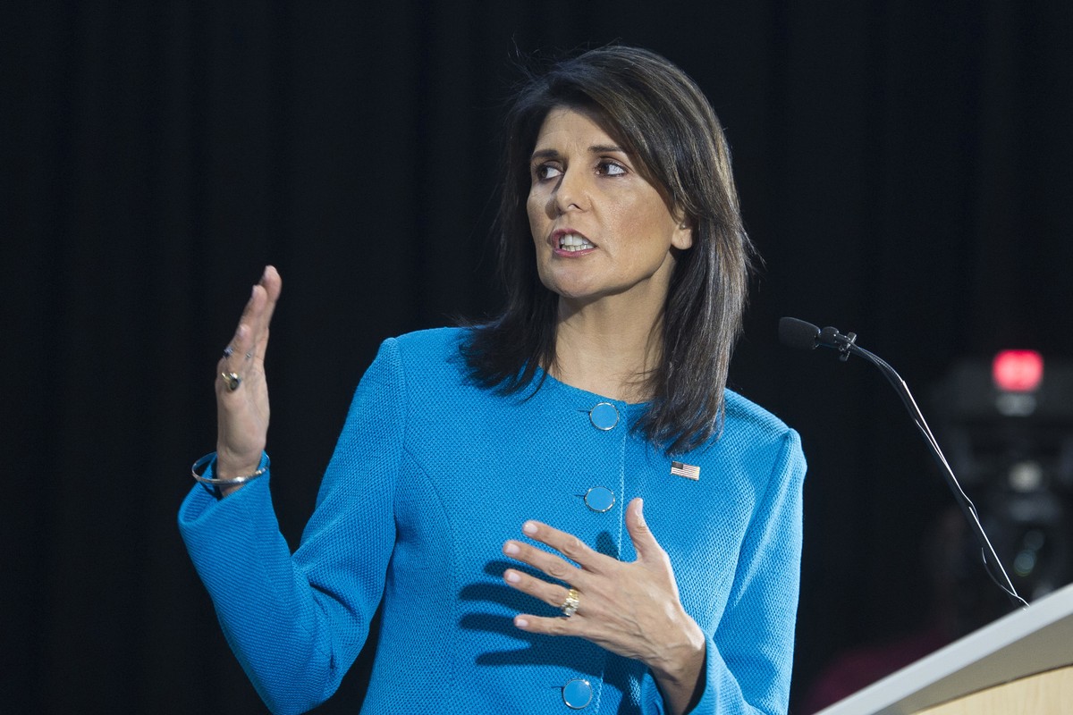 U.S. Ambassador to the U.N. Nikki Haley during a press briefing at Joint Base Anacostia-Bolling, Thursday, Dec. 14, 2017, in Washington. Haley says "undeniable" evidence proves Iran is viola ...
