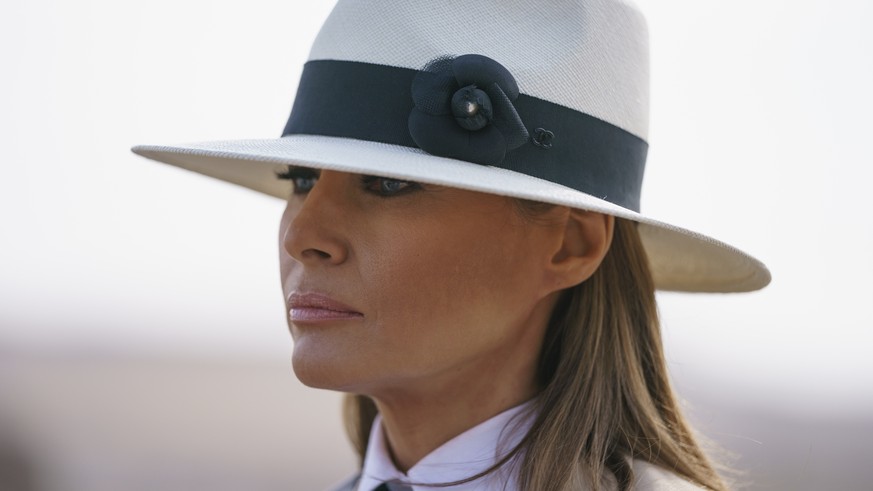 In this Oct. 6, 2018 photo, First lady Melania Trump pauses as she speaks to media during a visit to the historical Giza Pyramids site near Cairo, Egypt. First lady Melania Trump says she thinks she’s ...