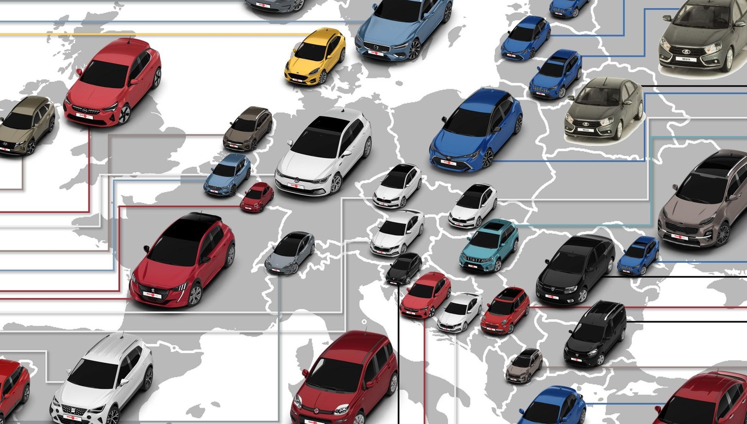 Das jeweils meistverkaufte Auto von 2021 in den europäischen Ländern (vollständige Grafik folgt im Artikel).