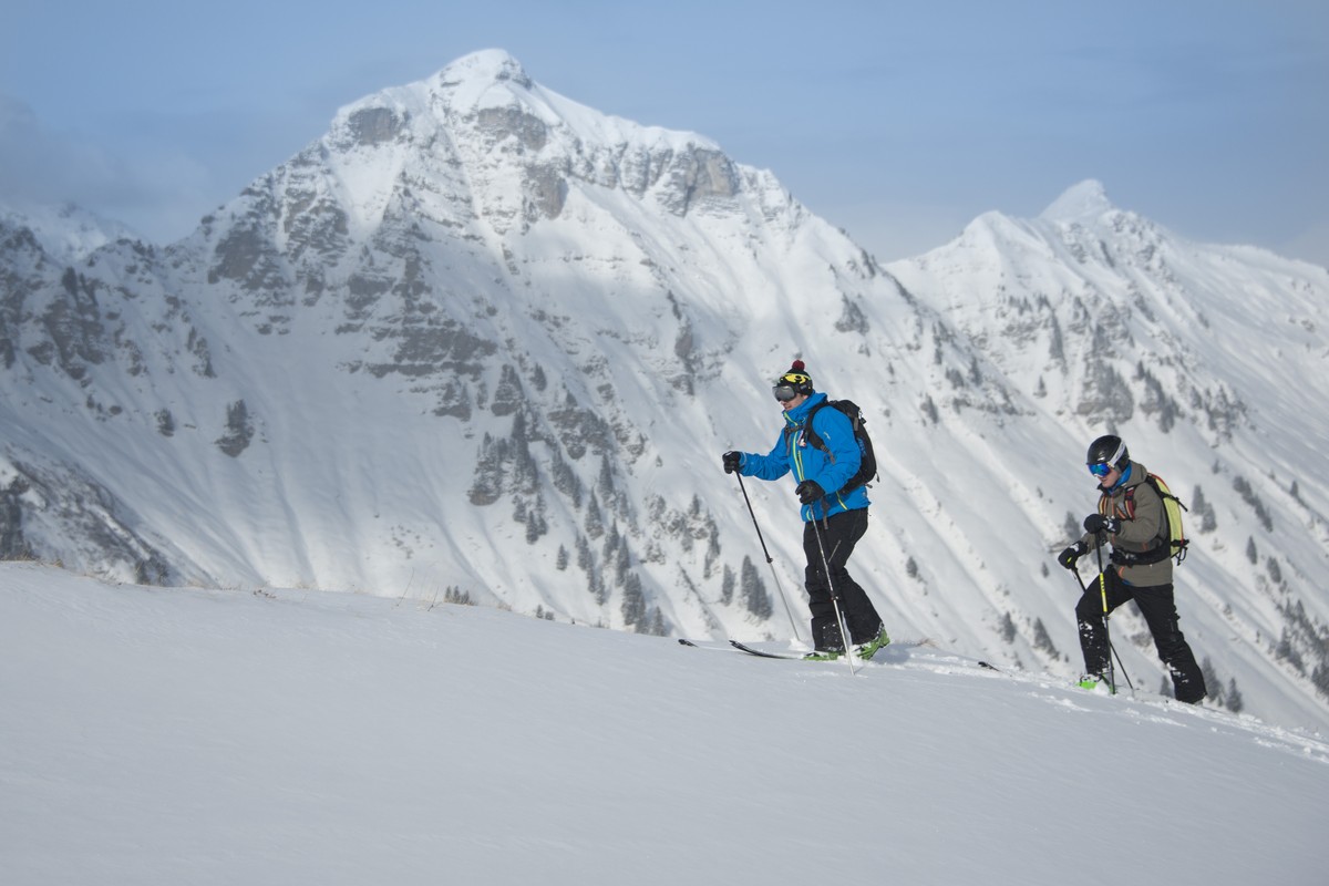 A group of backcountry skiers is on the way to the Col des Portes du Soleil mountain (1950 Meters above sea level), in Crosets, Switzerland, Tuesday, December 30, 2014. Snow covered parts of Switzerla ...