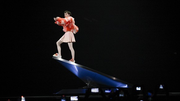 epa11331435 Nemo representing Switzerland with the song The Code performs on stage during the first dress rehearsal before the final of the 68th edition of the Eurovision Song Contest (ESC) at Malmo A ...