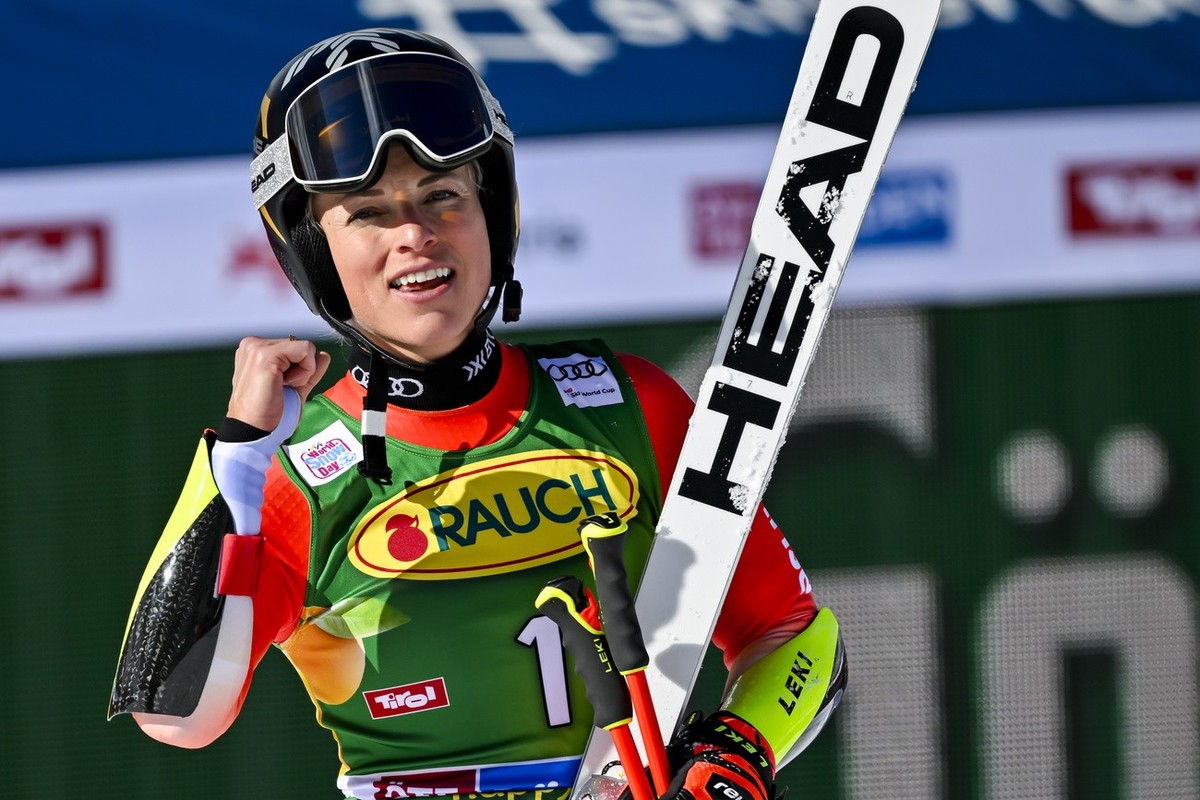 Winner Lara Gut-Behrami of Switzerland celebrates in the finish area during the second run of the Women's Giant Slalom race of the FIS Alpine Ski World Cup season opener on the Rettenbach glacier ...