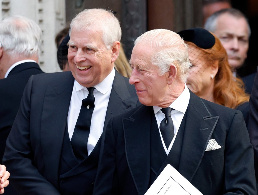 LONDON, UNITED KINGDOM - SEPTEMBER 16: (EMBARGOED FOR PUBLICATION IN UK NEWSPAPERS UNTIL 24 HOURS AFTER CREATE DATE AND TIME) Prince Andrew, Duke of York and King Charles III attend Katharine, Duchess ...