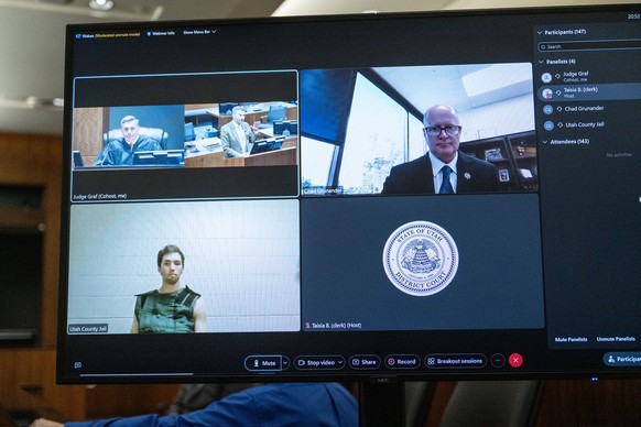 epa12383768 Tyler Robinson, who appeared via video from jail, during his first court appearance before Judge Tony Graf at the Fourth Judicial District Courthouse in Provo, Utah, USA, 16 September 2025 ...