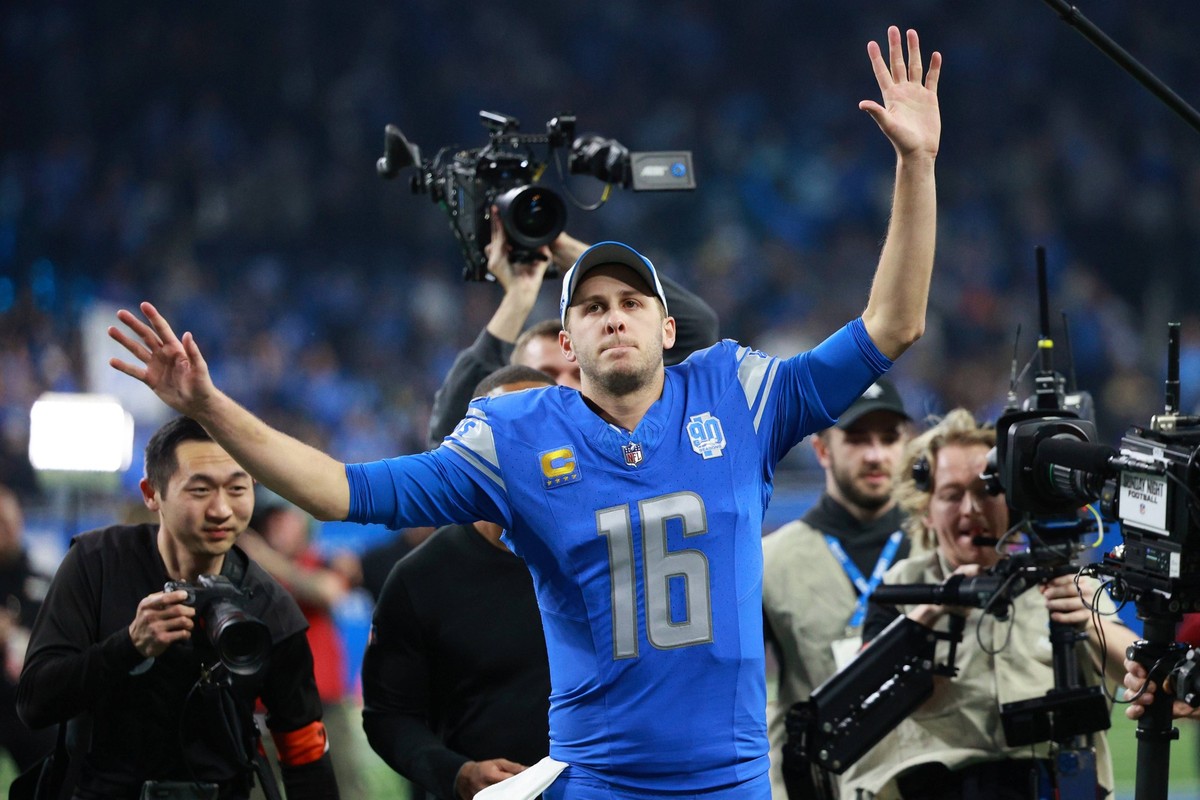 Los Angeles Rams vs Detroit Lions Detroit Lions quarterback Jared Goff 16 walks off the field after the conclusion of the NFC Wild Card Playoffs between the Los Angeles Rams and the Detroit Lions in D ...