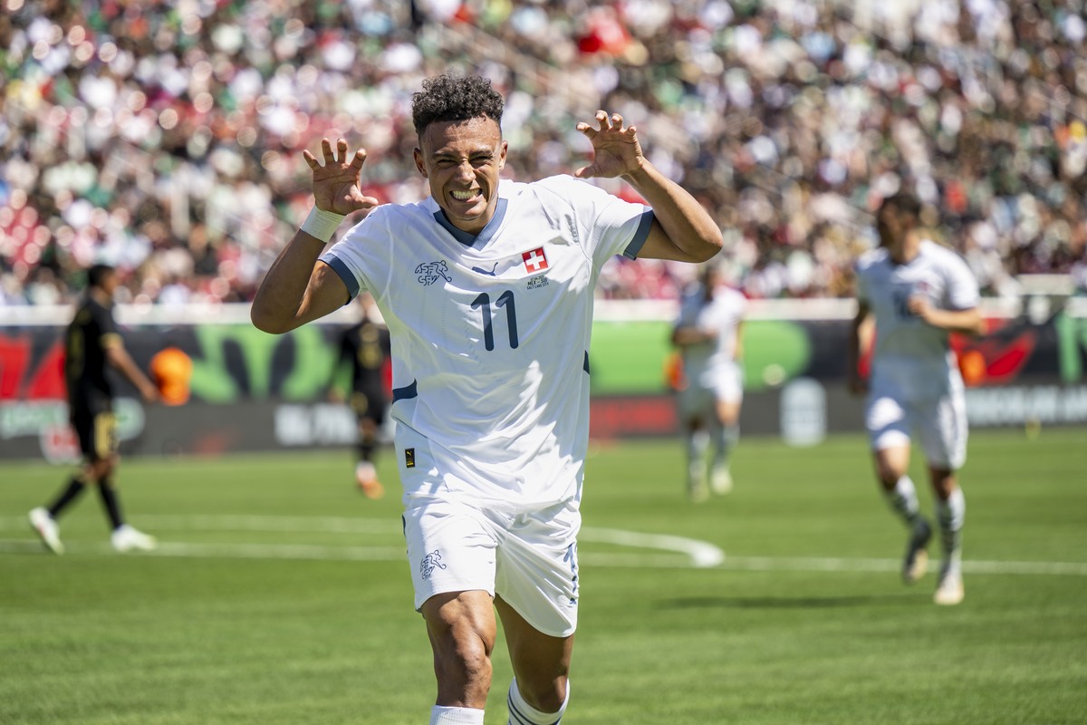 Switzerland's Dan Ndoye celebrates after scoring the 1:3 goal during a Friendly soccer match between Mexico and Switzerland at the Rice-Eccles Stadium, in Salt Lake City, Utah, United States of A ...