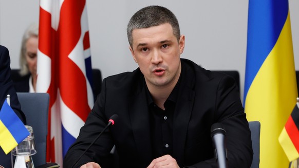 Ukraine's Defense Minister Mykhailo Fedorov speaks during a meeting of the Ukraine Defense Contact Group at NATO headquarters in Brussels, Thursday, Feb. 12, 2026. (AP Photo/Geert Vanden Wijngaer ...
