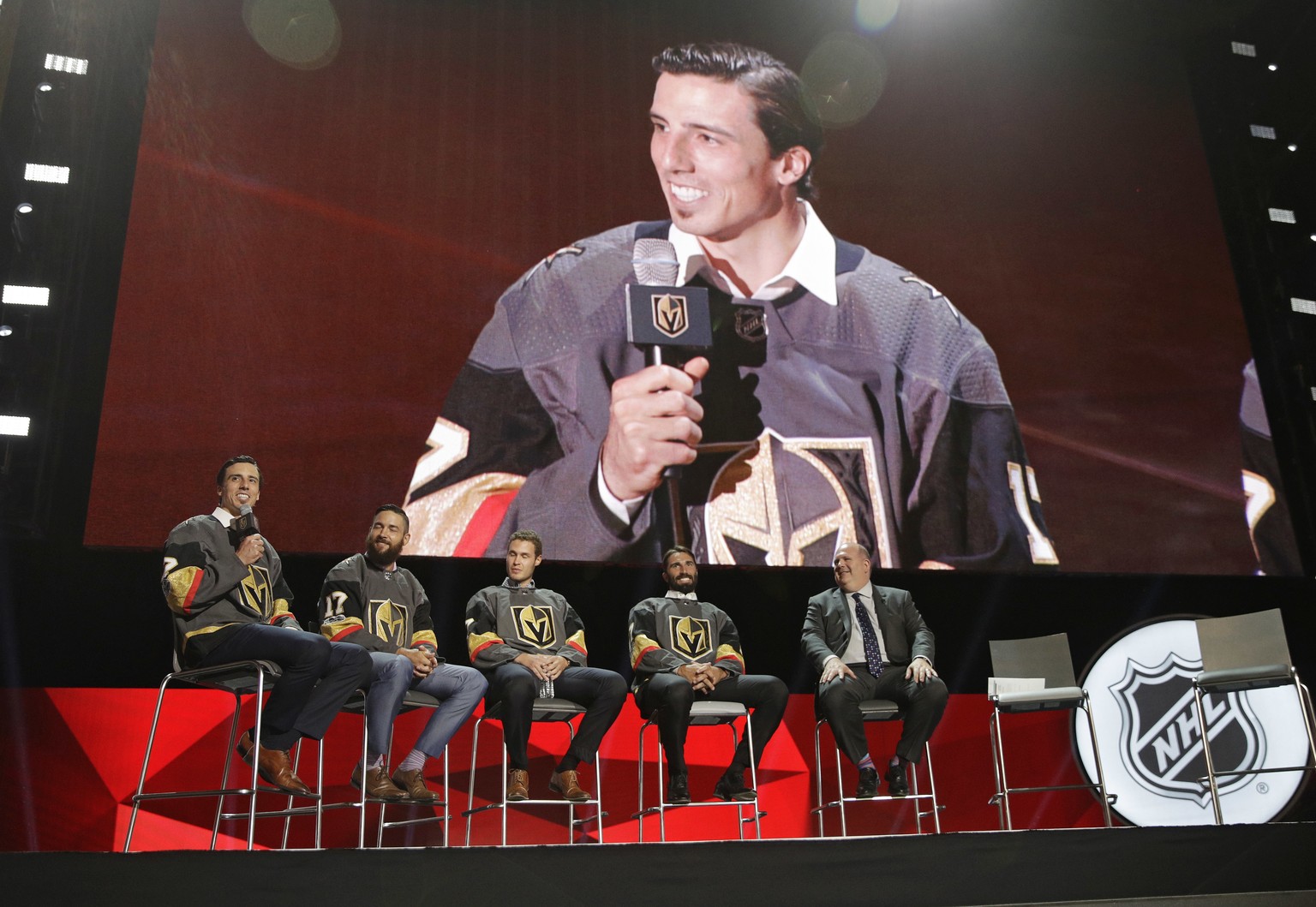 FILE - In this June 21, 2017, file photo, from left, Vegas Golden Knights&#039; Marc-Andre Fleury, Deryk Engelland, Brayden McNabb and Jason Garrison sit on stage during an event following the NHL exp ...