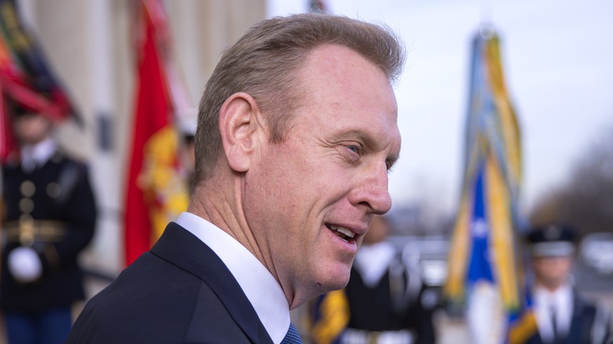 epa07240357 Deputy Secretary of Defense Patrick M. Shanahan speaks to the news media before US Vice President Mike Pence arrives at the Pentagon in Arlington, Virginia, USA, 19 December 2018. The Whit ...