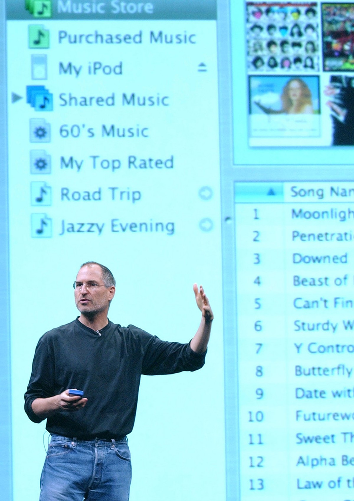 Steve Jobs, Apple's CEO, on stage at the UK launch of Apple's iTunes music store in London, which coincides with the launches in France and Germany, Tuesday June 15, 2004. The iTunes music s ...