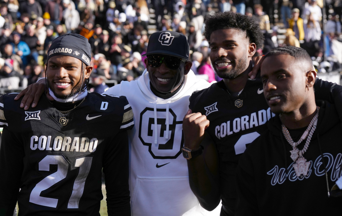 NCAA, College League, USA Football: Oklahoma State at Colorado Nov 29, 2024; Boulder, Colorado, USA; Colorado Buffaloes safety Shilo Sanders (21) and head coach Deion Sanders and quarterback Shedeur S ...