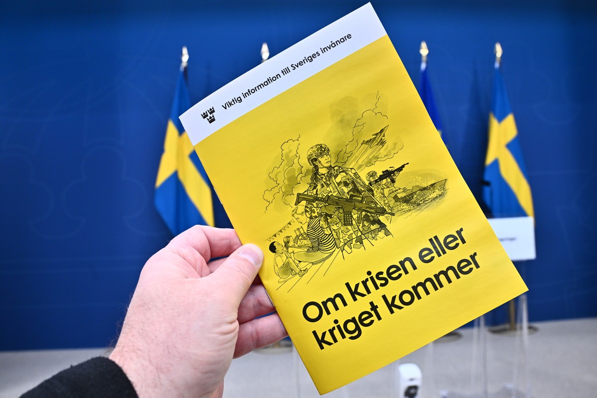 epa11649511 Swedish Minister for Civil Defence Carl-Oskar Bohlin presents the new version of the booklet 'If Crisis or War Comes' in Stockholm, Sweden, 08 October 2024. The booklet is availa ...