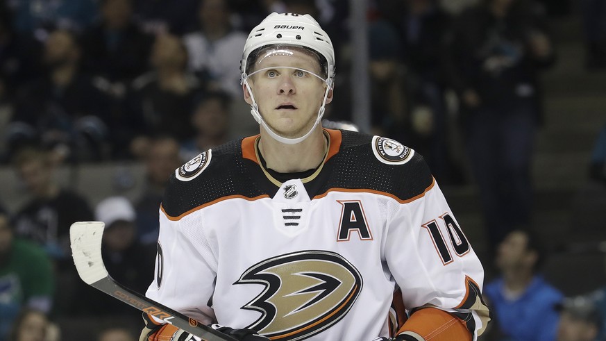 FILE - In this April 16, 2018, file photo, Anaheim Ducks right wing Corey Perry skates during a break against the San Jose Sharks in the second period of Game 3 of an NHL hockey first-round playoff se ...