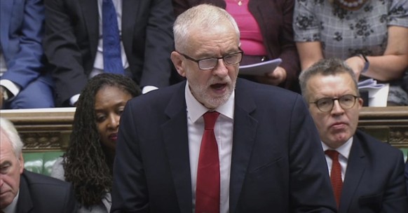 Britain&#039;s Labour Party leader Jeremy Corbyn responds to Prime Minister Boris Johnson&#039;s statement to lawmakers inside the House of Commons in London Saturday Oct. 19, 2019. At a rare weekend  ...