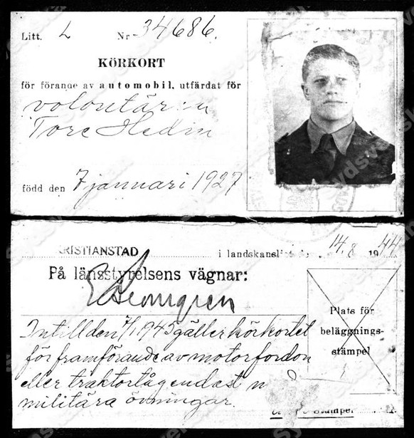 Tore Hedins Führerschein, der 1944 in Kristianstad ausgestellt wurde.