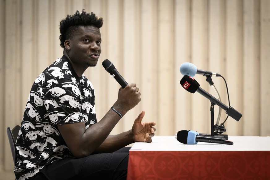 Swiss professional basketball player Clint Capela of the National Basketball Association&#039;s (NBA) Atlanta Hawks speaks during a press conference about his summer camp