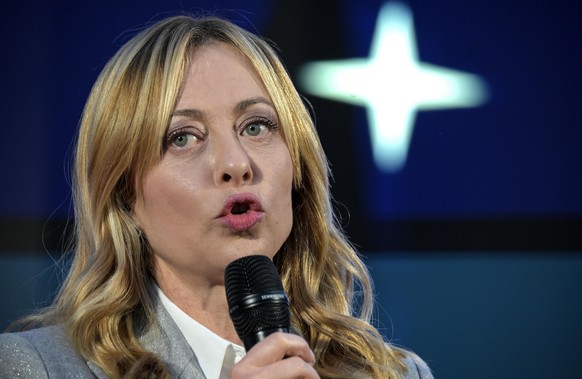 epa12588002 Italian Premier Giorgia Meloni speaks during the event Atreju attended by Palestinian President Mahmoud Abbas, in Rome, Italy, 12 December 2025. EPA/RICCARDO ANTIMIANI