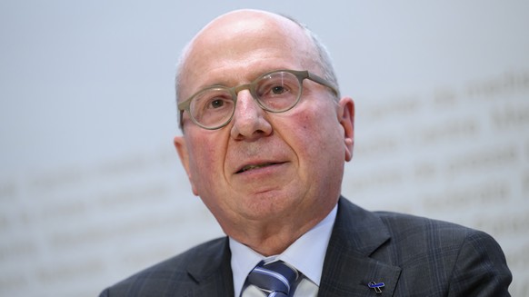 Regierungsrat Fredy Faessler, Praesident der Konferenz der Kantonalen Justiz- und Polizeidirektorinnen und ?direktoren (KKJPD) spricht an einer Medienkonferenz ueber die Ukraine Krise : Aufnahme von g ...