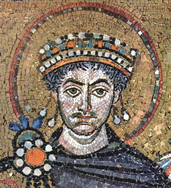 Justinian I., Mosaikdetail aus der Kirche San Vitale in Ravenna.