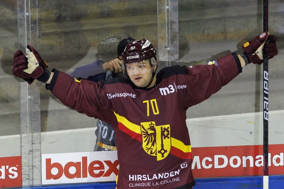 Geneve-Servette&#039;s forward Teemu Hartikainen celebrates his goal after scoring the 3:1, during a National League regular season game of the Swiss Championship between Geneve-Servette HC and HC Amb ...