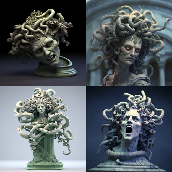 Medusa, das griechische Fabelwesen mit den Schlangen auf dem Kopf. KI-generierte Darstellungen.