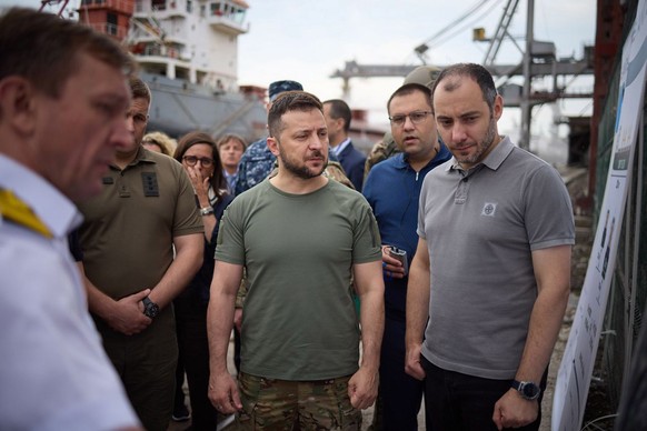 epa10097084 A handout photo made available by the Ukrainian Presidential Press Service shows Ukrainian President Volodymyr Zelensky (C) and G7 countries&#039; ambassadors visit to the port of Odesa, U ...