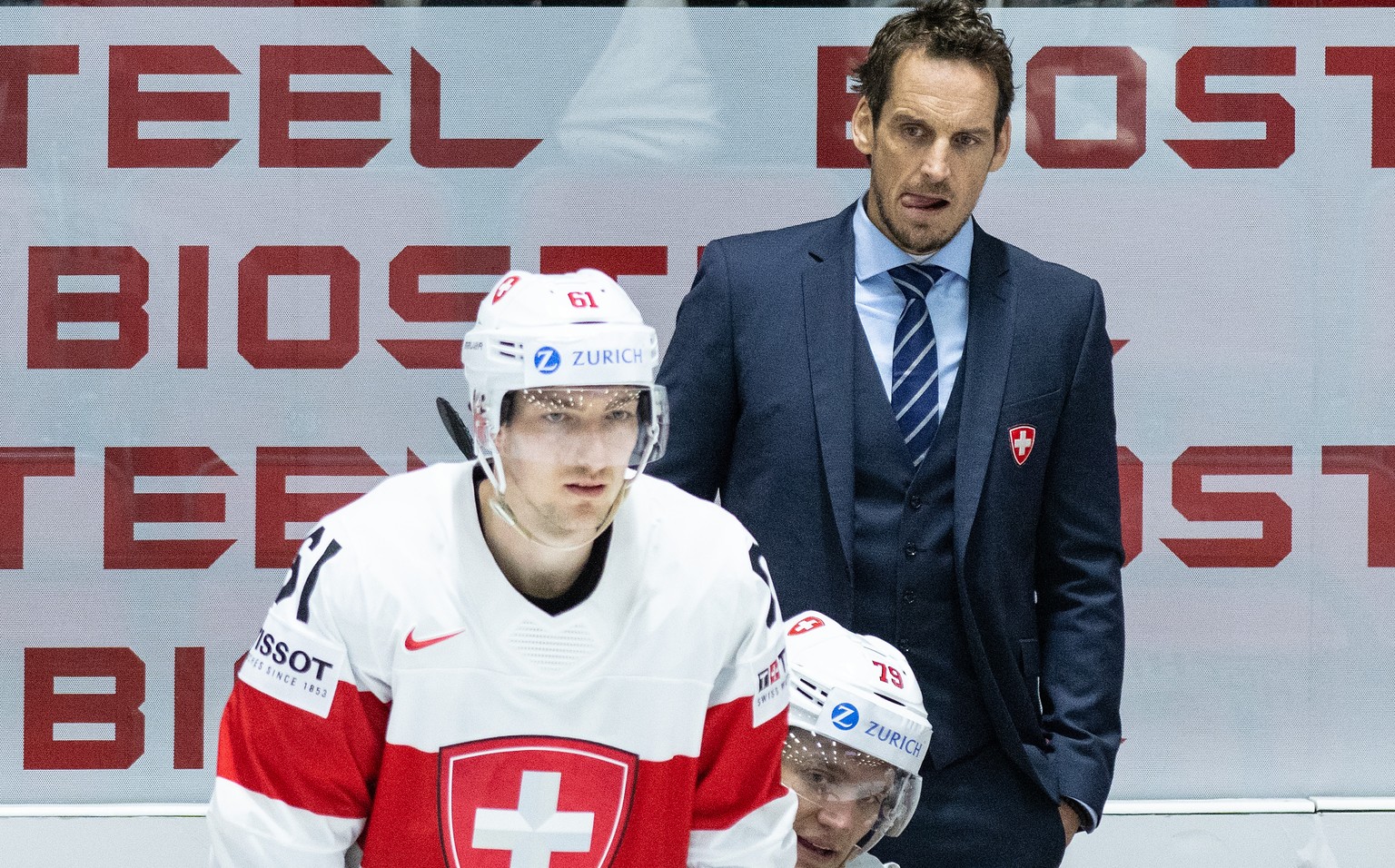 Switzerland&#039;s head coach Patrick Fischer reacts during the Ice Hockey World Championship group A preliminary round match between Switzerland and Denmark in Helsinki at the Ice Hockey Hall, Finlan ...