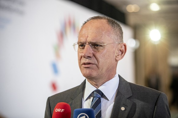 epa10064766 Austrian Interior Minister Gerhard Karner talks to media as he arrives for EU Informal Justice and Home Affairs Ministerial Meeting in Prague, Czech Republic, 11 July 2022. Ministers of th ...