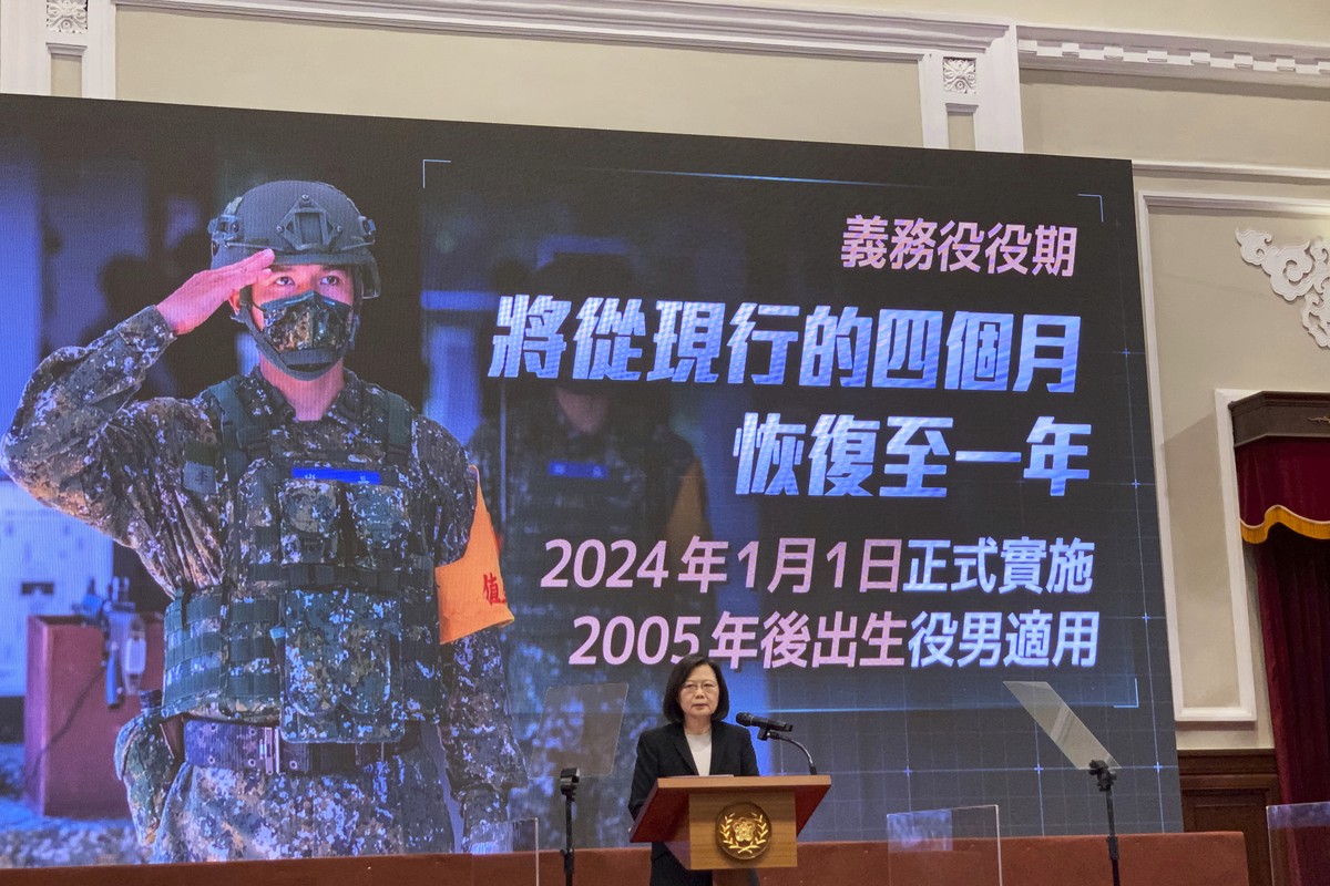 Taiwanese President Tsai Ing-wen speaks during an announcement of the extension of the island's compulsory military service in Taipei, Taiwan on Tuesday, Dec. 27, 2022. Taiwan will extend its com ...