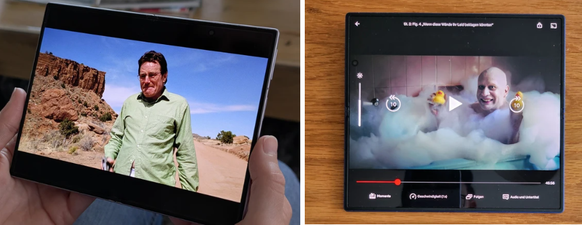 Mit dem neuen Seitenverhältnis von 4:3 (wie bei einem iPad) sind schwarze Balken bei Videos etwas kleiner als beim fast quadratischen Fold 7 (rechts) von 2025.
