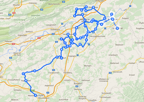 Die ungefähre Strecke der heutigen Etappe von Münchenbuchsee nach Langenthal.