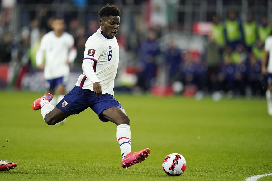 FILE - United States&#039; Yunus Musah shoots against Mexico during the first half of a FIFA World Cup qualifying soccer match between Mexico and the United States, Friday, Nov. 12, 2021, in Cincinnat ...