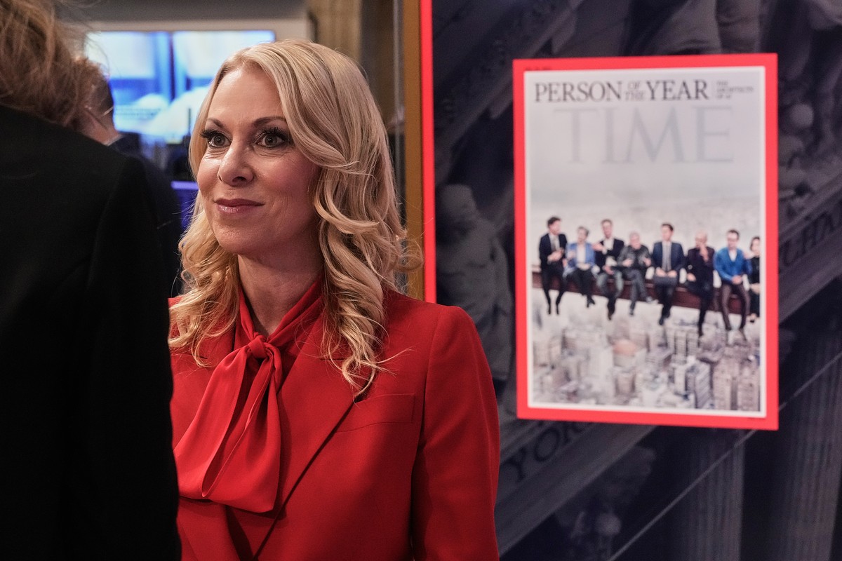 TIME CEO Jessica Sibley is interviewed on the floor of the New York Stock Exchange, adjacent to TIME's "Person of the Year" cover, Thursday, Dec. 11, 2025. (AP Photo/Richard Drew)
Finan ...