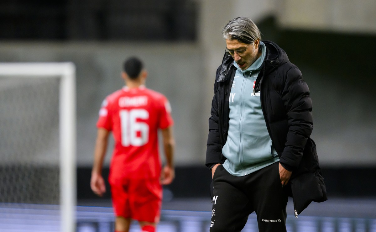 Switzerland's head coach Murat Yakin is disappointed during the UEFA Euro 2024 qualifying group I soccer match between Israel and Switzerland at Pancho Arena in Felcsut, southwest of Budapest, Hu ...