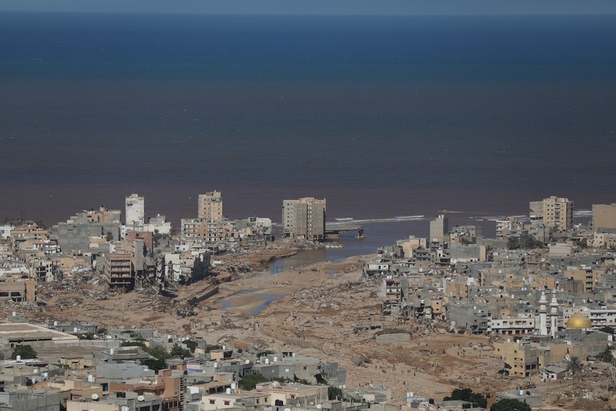 epaselect epa10859576 A general view of Derna, Eastern Libya, 13 September 2023, days after Storm Daniel brought heavy rains to the area resulting in the collapse of two dams and a flash flood which e ...