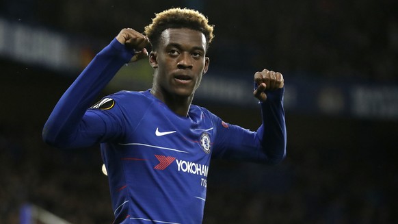 Chelsea&#039;s Callum Hudson-Odoi celebrates after scoring his team&#039;s third goal during the Europa League Group L soccer match between Chelsea and PAOK at Stamford Bridge stadium, in London, Thur ...