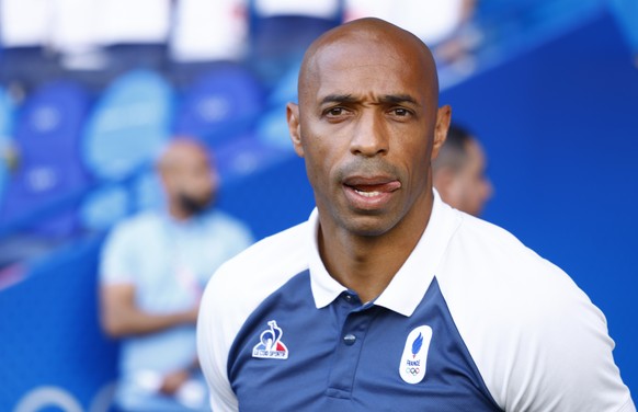 epa11540233 Head coach Thierry Henry of France reacts ahead of the Gold medal match between France and Spain, of the Soccer competitions in the Paris 2024 Olympic Games, at the Parc des Princes stadiu ...