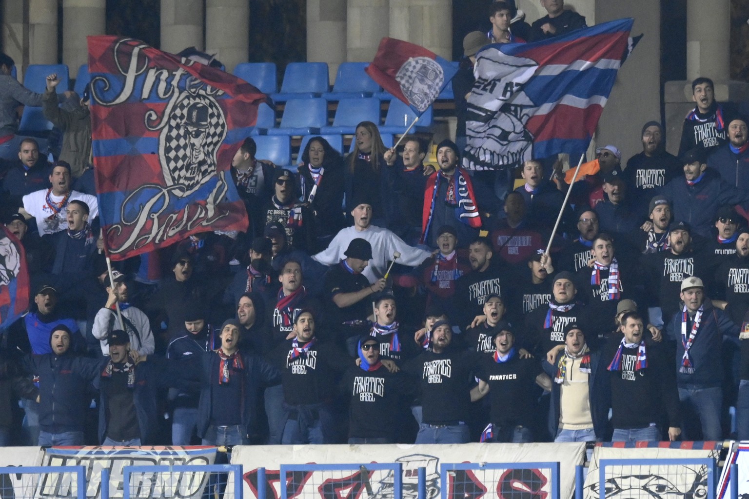 Basel's fans shout during the Europa Conference League, group H soccer match between FC Pyunik and FC Basel 1893 at the Vazgen Sargsyan stadium in Yerevan, Armenia, Thursday, Nov. 3, 2022. (AP Photo/H ...